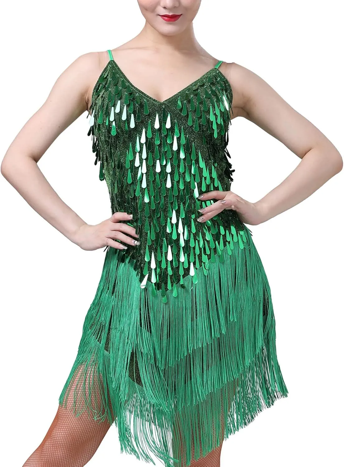 IWEMEK Women Salsa Latin Dance Dress Sequin Tassel Fringe Flapper Dress Spaghetti Straps 1920s Tango Ballroom Dancing Costume