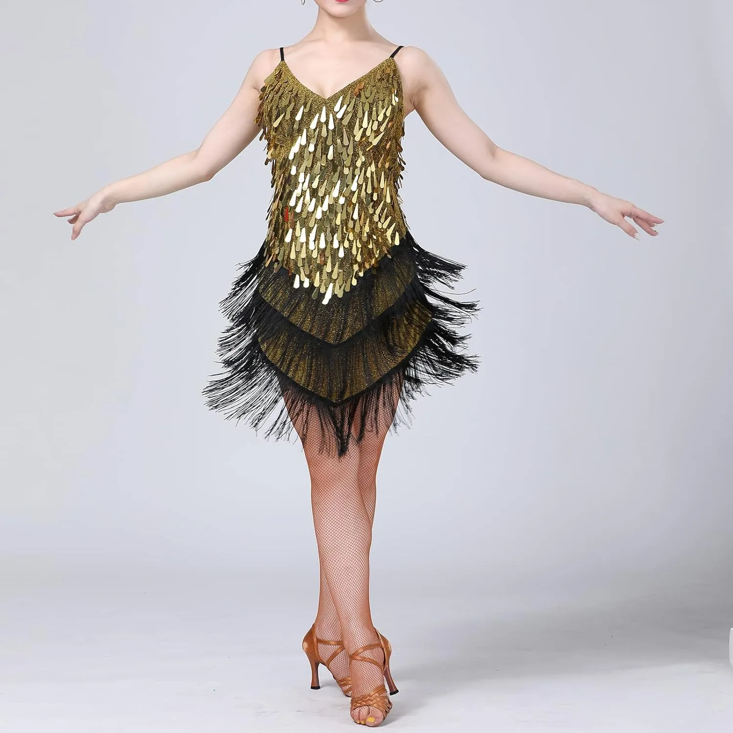 IWEMEK Women Salsa Latin Dance Dress Sequin Tassel Fringe Flapper Dress Spaghetti Straps 1920s Tango Ballroom Dancing Costume