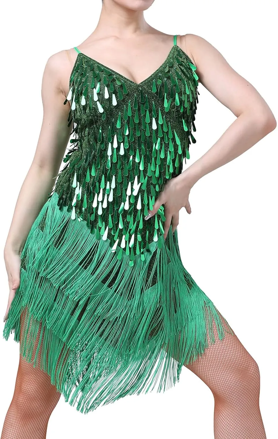 IWEMEK Women Salsa Latin Dance Dress Sequin Tassel Fringe Flapper Dress Spaghetti Straps 1920s Tango Ballroom Dancing Costume