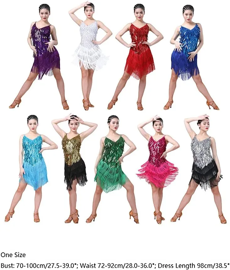 IWEMEK Women Salsa Latin Dance Dress Sequin Tassel Fringe Flapper Dress Spaghetti Straps 1920s Tango Ballroom Dancing Costume
