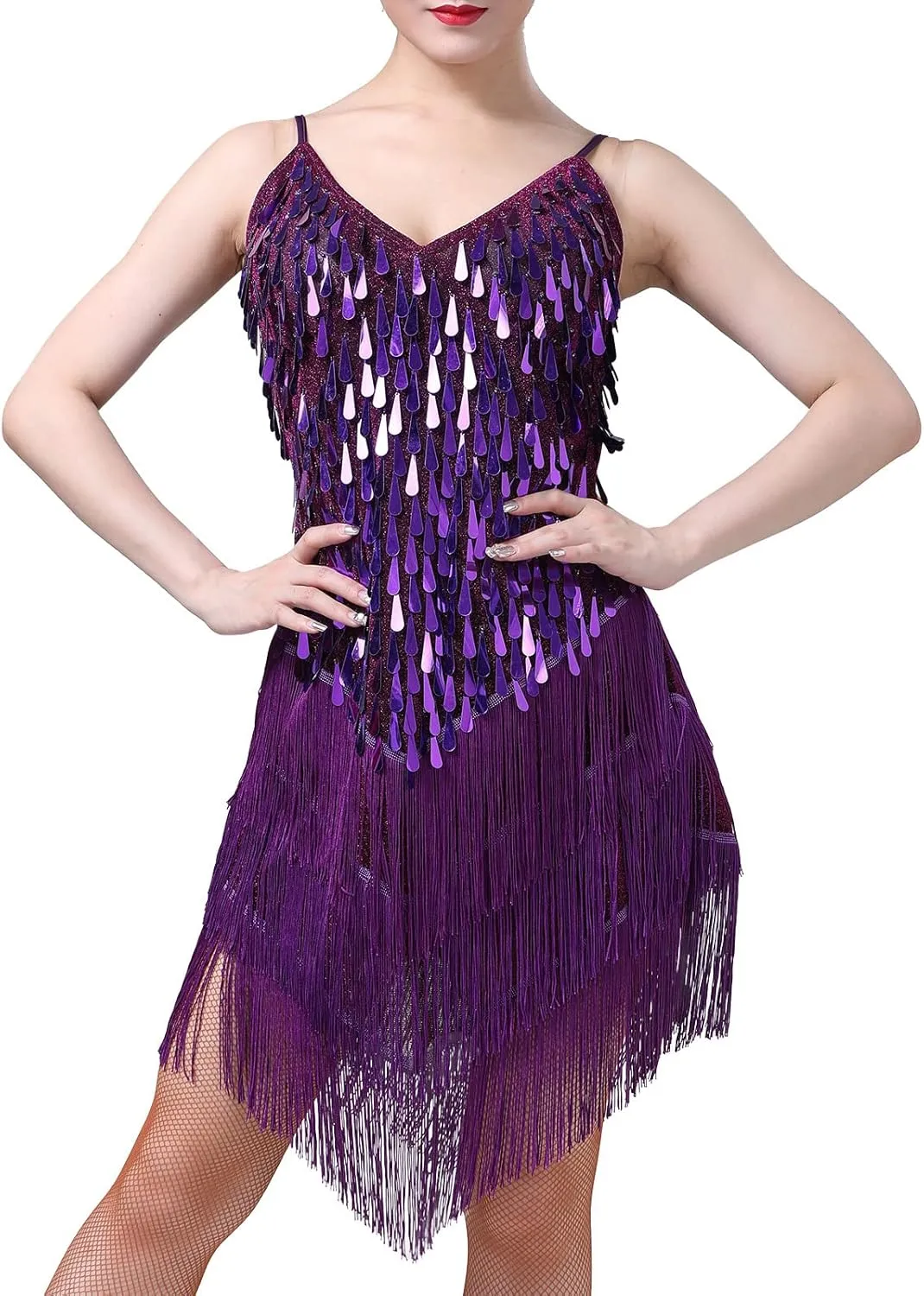 IWEMEK Women Salsa Latin Dance Dress Sequin Tassel Fringe Flapper Dress Spaghetti Straps 1920s Tango Ballroom Dancing Costume