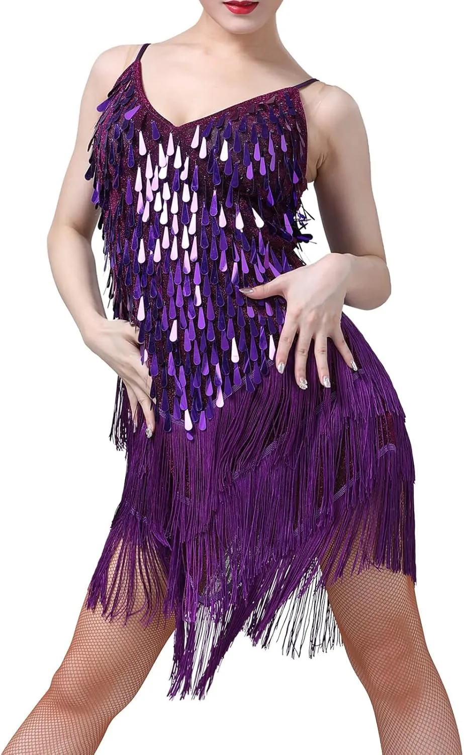 IWEMEK Women Salsa Latin Dance Dress Sequin Tassel Fringe Flapper Dress Spaghetti Straps 1920s Tango Ballroom Dancing Costume
