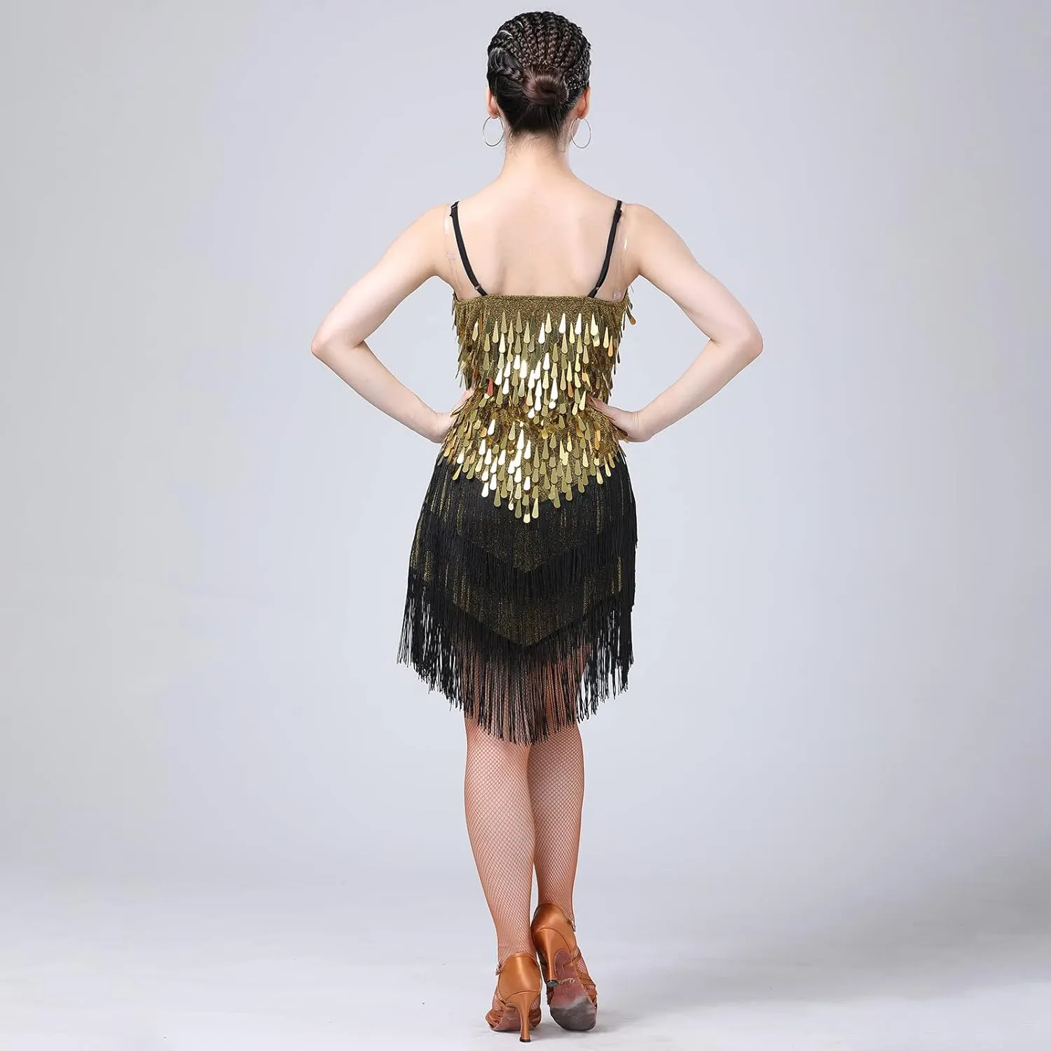 IWEMEK Women Salsa Latin Dance Dress Sequin Tassel Fringe Flapper Dress Spaghetti Straps 1920s Tango Ballroom Dancing Costume