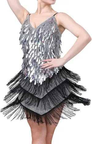 IWEMEK Women Salsa Latin Dance Dress Sequin Tassel Fringe Flapper Dress Spaghetti Straps 1920s Tango Ballroom Dancing Costume