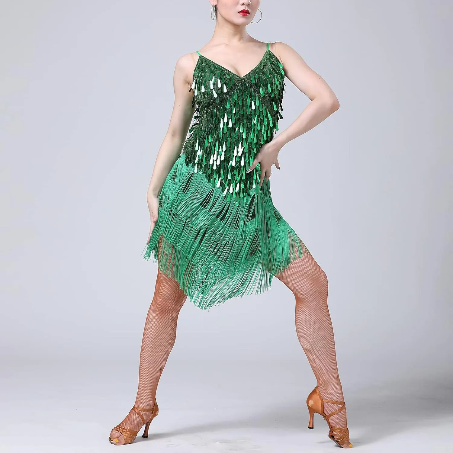 IWEMEK Women Salsa Latin Dance Dress Sequin Tassel Fringe Flapper Dress Spaghetti Straps 1920s Tango Ballroom Dancing Costume
