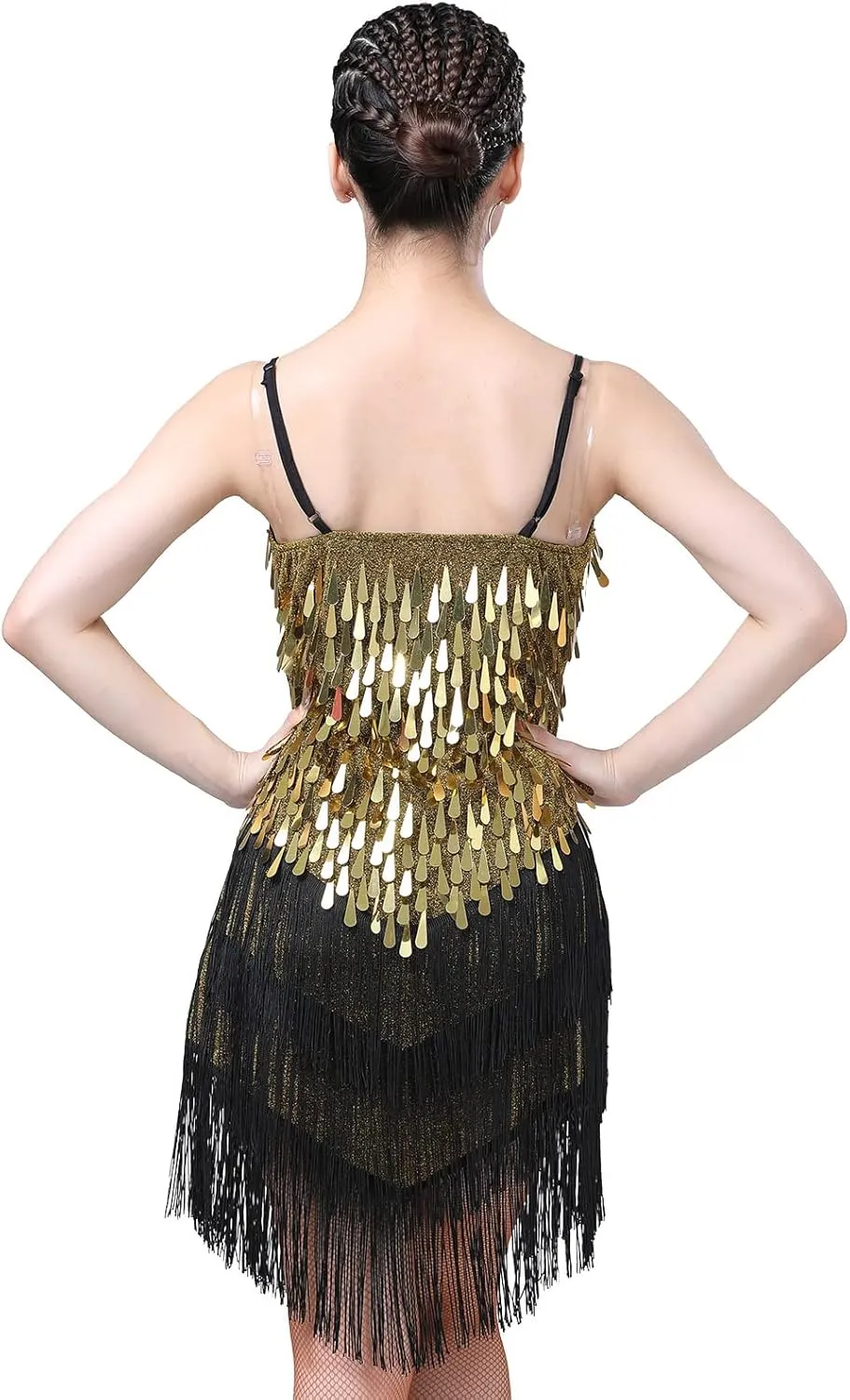IWEMEK Women Salsa Latin Dance Dress Sequin Tassel Fringe Flapper Dress Spaghetti Straps 1920s Tango Ballroom Dancing Costume