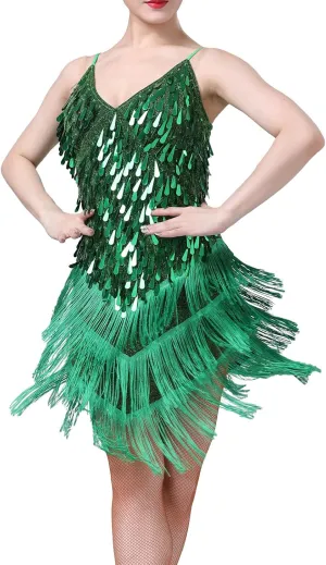 IWEMEK Women Salsa Latin Dance Dress Sequin Tassel Fringe Flapper Dress Spaghetti Straps 1920s Tango Ballroom Dancing Costume