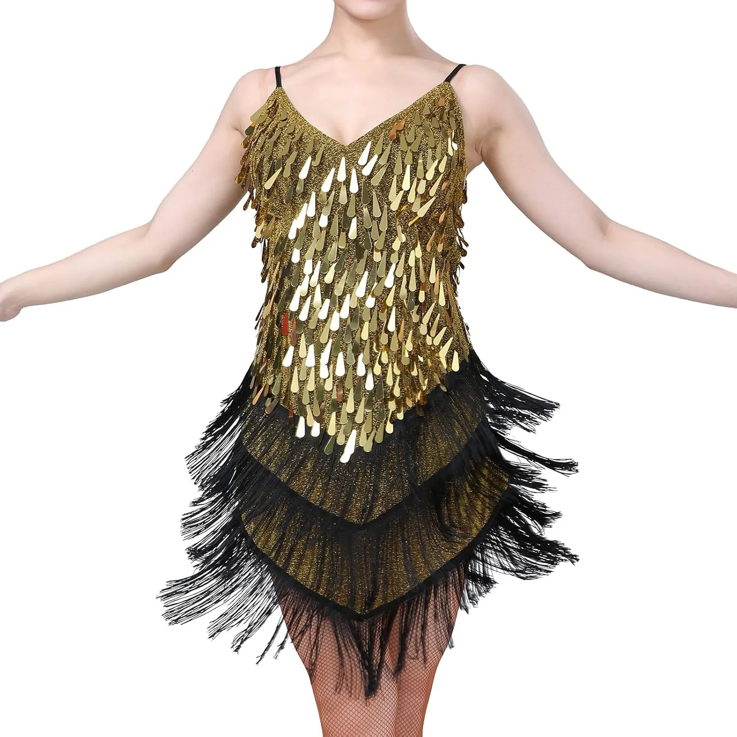 IWEMEK Women Salsa Latin Dance Dress Sequin Tassel Fringe Flapper Dress Spaghetti Straps 1920s Tango Ballroom Dancing Costume