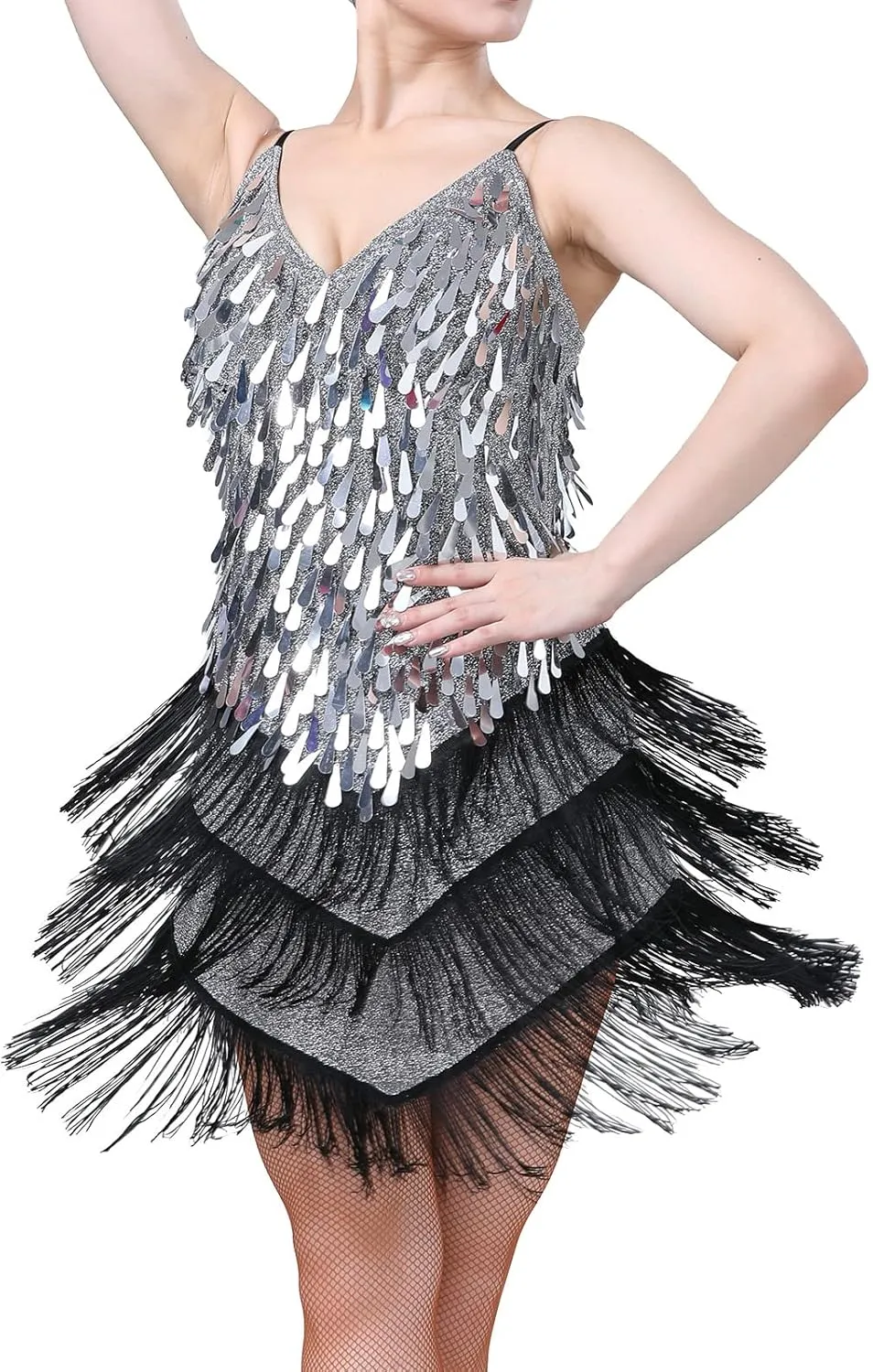 IWEMEK Women Salsa Latin Dance Dress Sequin Tassel Fringe Flapper Dress Spaghetti Straps 1920s Tango Ballroom Dancing Costume