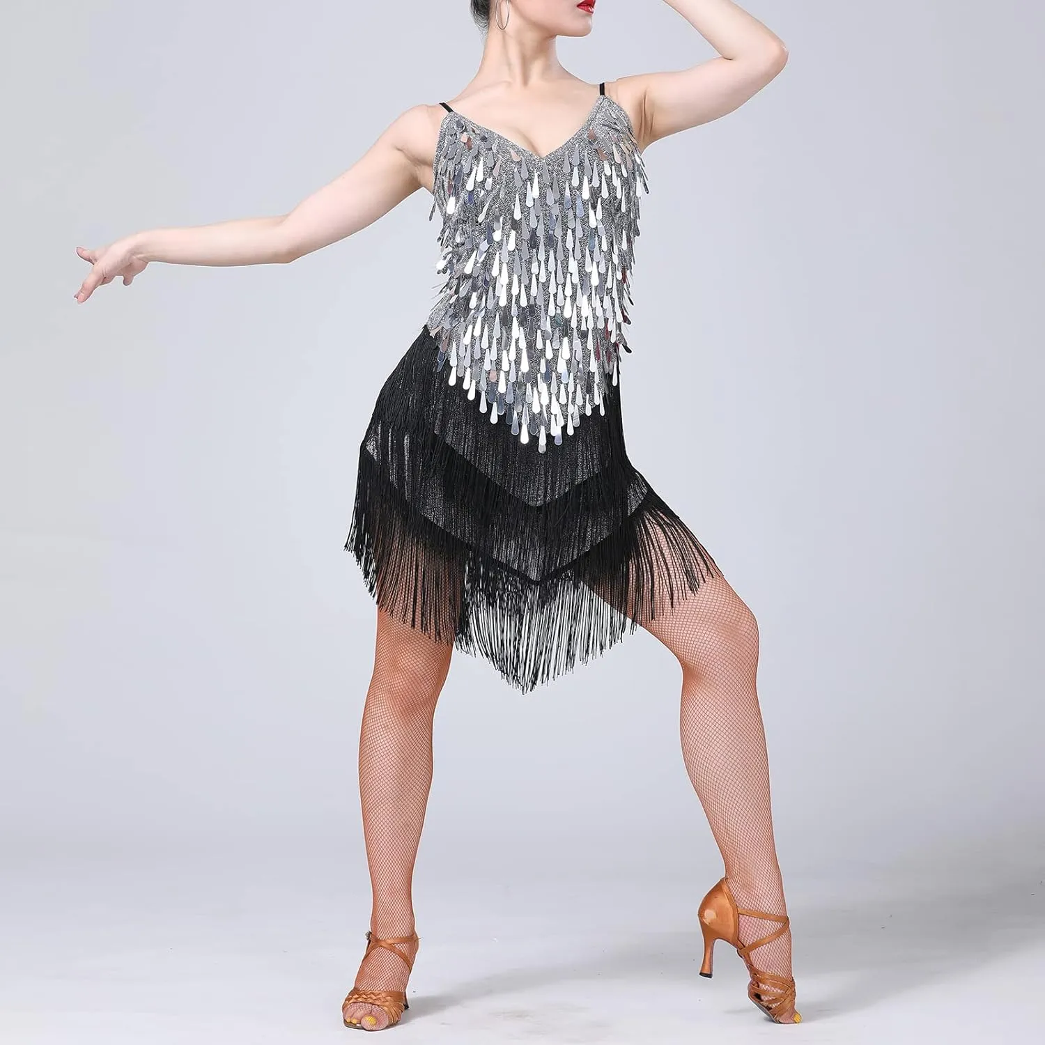 IWEMEK Women Salsa Latin Dance Dress Sequin Tassel Fringe Flapper Dress Spaghetti Straps 1920s Tango Ballroom Dancing Costume