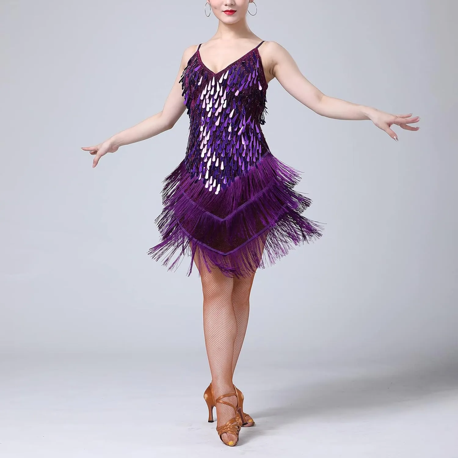 IWEMEK Women Salsa Latin Dance Dress Sequin Tassel Fringe Flapper Dress Spaghetti Straps 1920s Tango Ballroom Dancing Costume