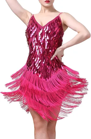 IWEMEK Women Salsa Latin Dance Dress Sequin Tassel Fringe Flapper Dress Spaghetti Straps 1920s Tango Ballroom Dancing Costume