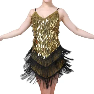 IWEMEK Women Salsa Latin Dance Dress Sequin Tassel Fringe Flapper Dress Spaghetti Straps 1920s Tango Ballroom Dancing Costume