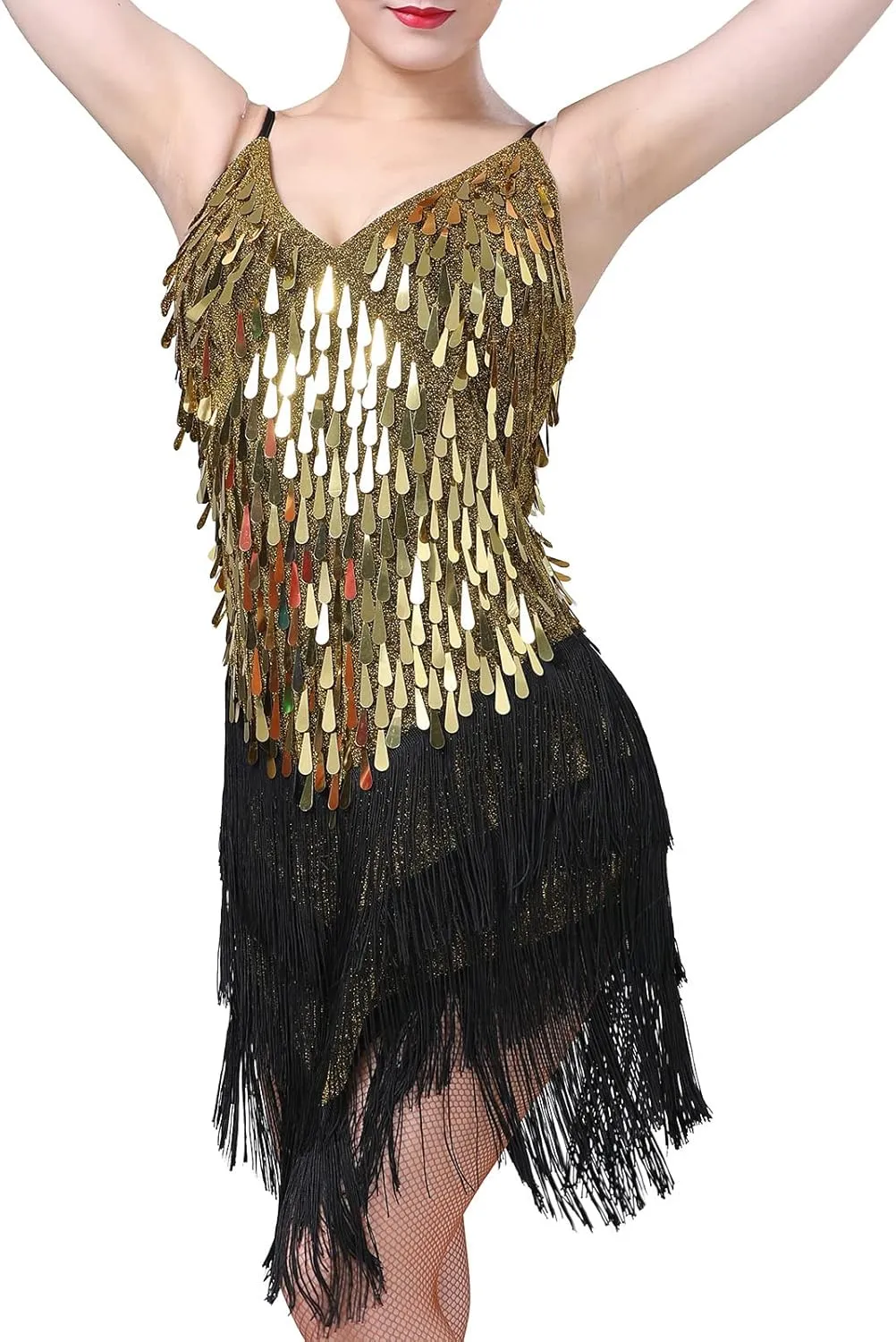 IWEMEK Women Salsa Latin Dance Dress Sequin Tassel Fringe Flapper Dress Spaghetti Straps 1920s Tango Ballroom Dancing Costume