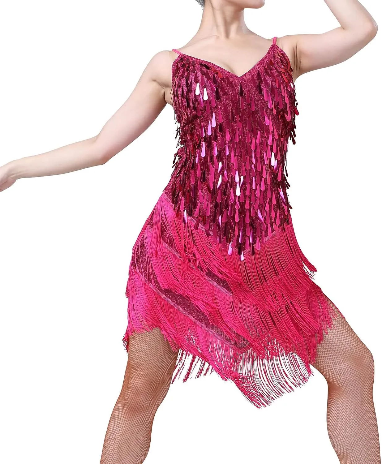 IWEMEK Women Salsa Latin Dance Dress Sequin Tassel Fringe Flapper Dress Spaghetti Straps 1920s Tango Ballroom Dancing Costume