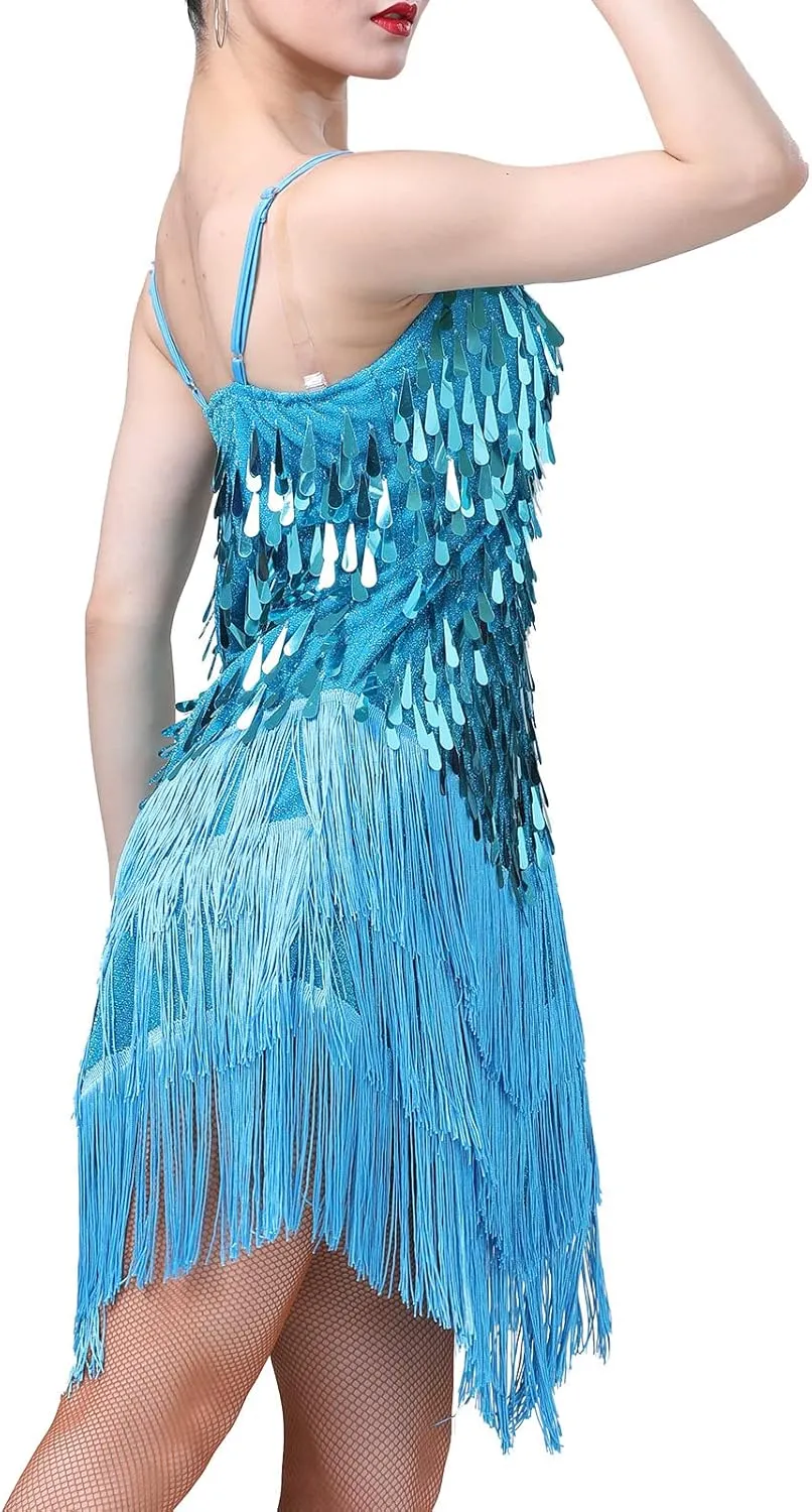 IWEMEK Women Salsa Latin Dance Dress Sequin Tassel Fringe Flapper Dress Spaghetti Straps 1920s Tango Ballroom Dancing Costume