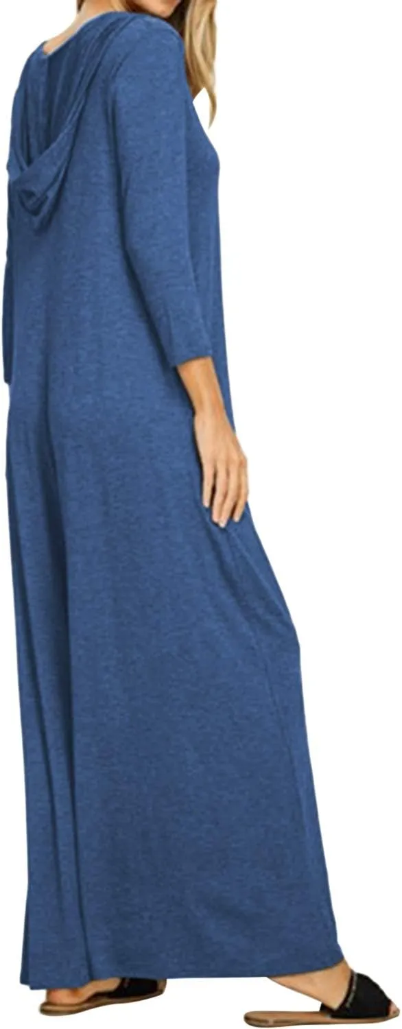 Jacansi Women's V-Neck Casual Long Sleeve/Short Sleeve Maxi Dress Hoodie Pocket Dress