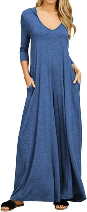 Jacansi Women's V-Neck Casual Long Sleeve/Short Sleeve Maxi Dress Hoodie Pocket Dress