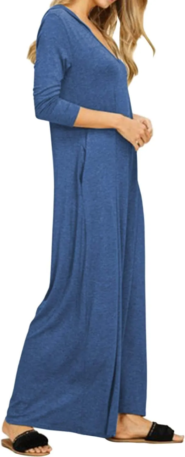 Jacansi Women's V-Neck Casual Long Sleeve/Short Sleeve Maxi Dress Hoodie Pocket Dress