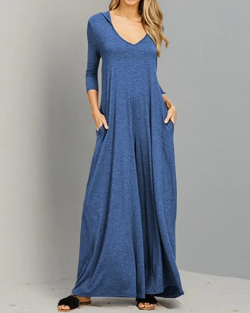 Jacansi Women's V-Neck Casual Long Sleeve/Short Sleeve Maxi Dress Hoodie Pocket Dress