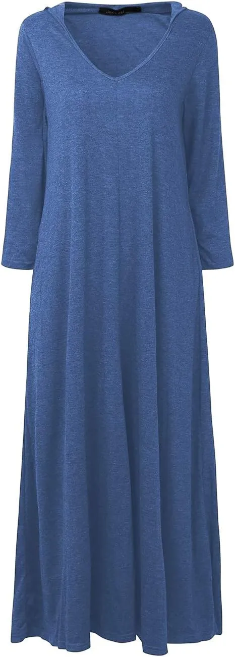 Jacansi Women's V-Neck Casual Long Sleeve/Short Sleeve Maxi Dress Hoodie Pocket Dress