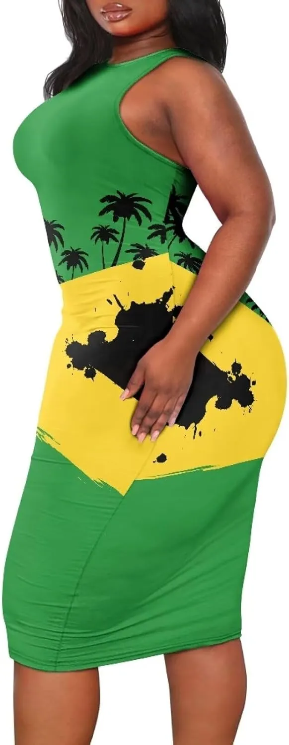 Jamaican Dress for Women Vintage Jamaica Flag Geometric Print Sleeveless Maxi Dresses Party Club