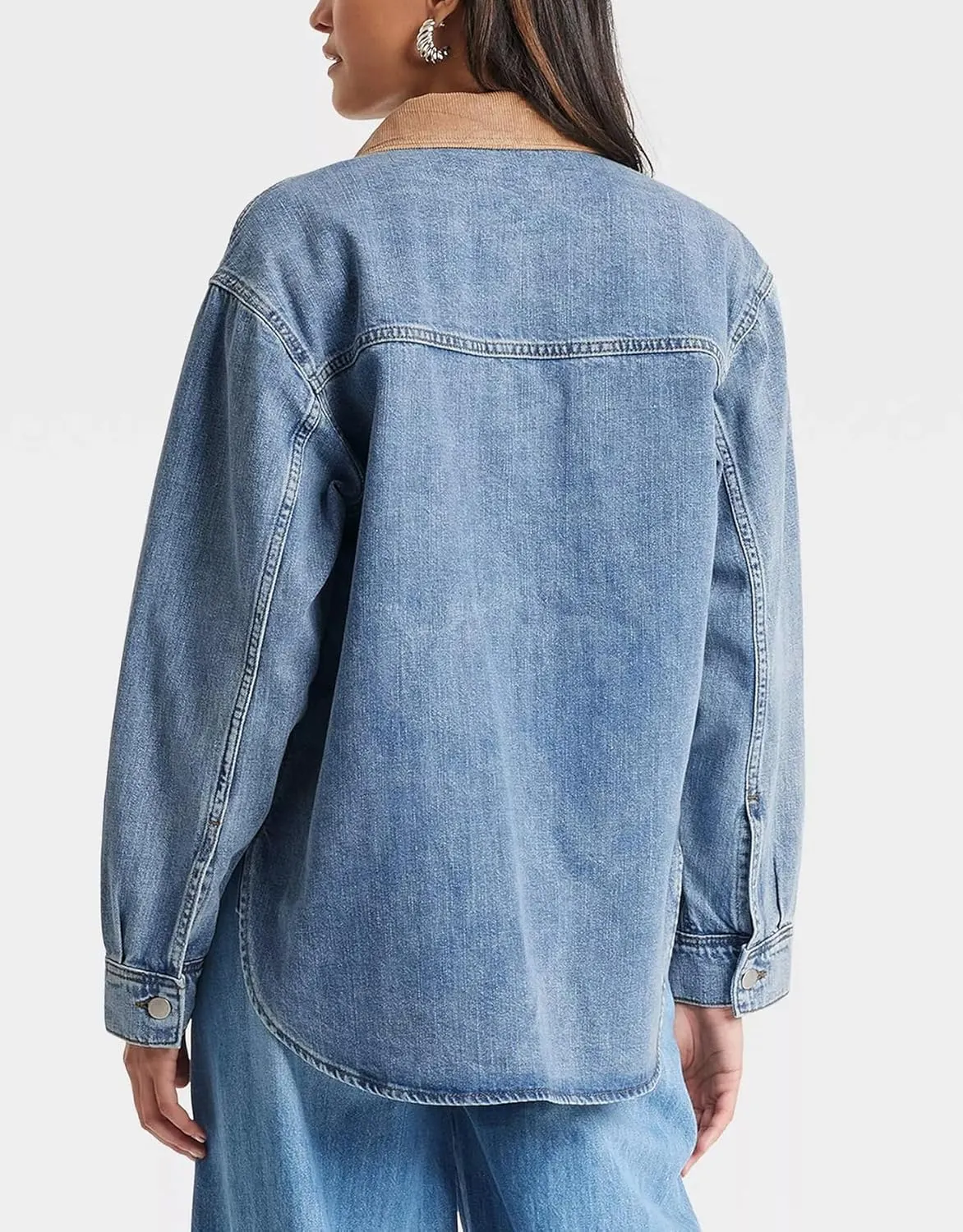 Kedera Women's Oversized Denim Jacket Long Sleeve Corduroy Collared Jean Shacket Button Down Barn Jacket with Pockets