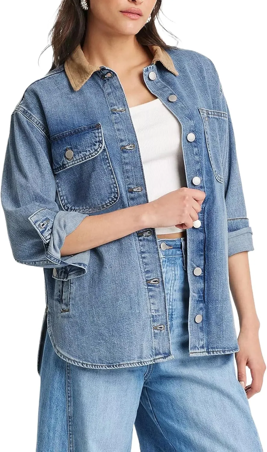 Kedera Women's Oversized Denim Jacket Long Sleeve Corduroy Collared Jean Shacket Button Down Barn Jacket with Pockets