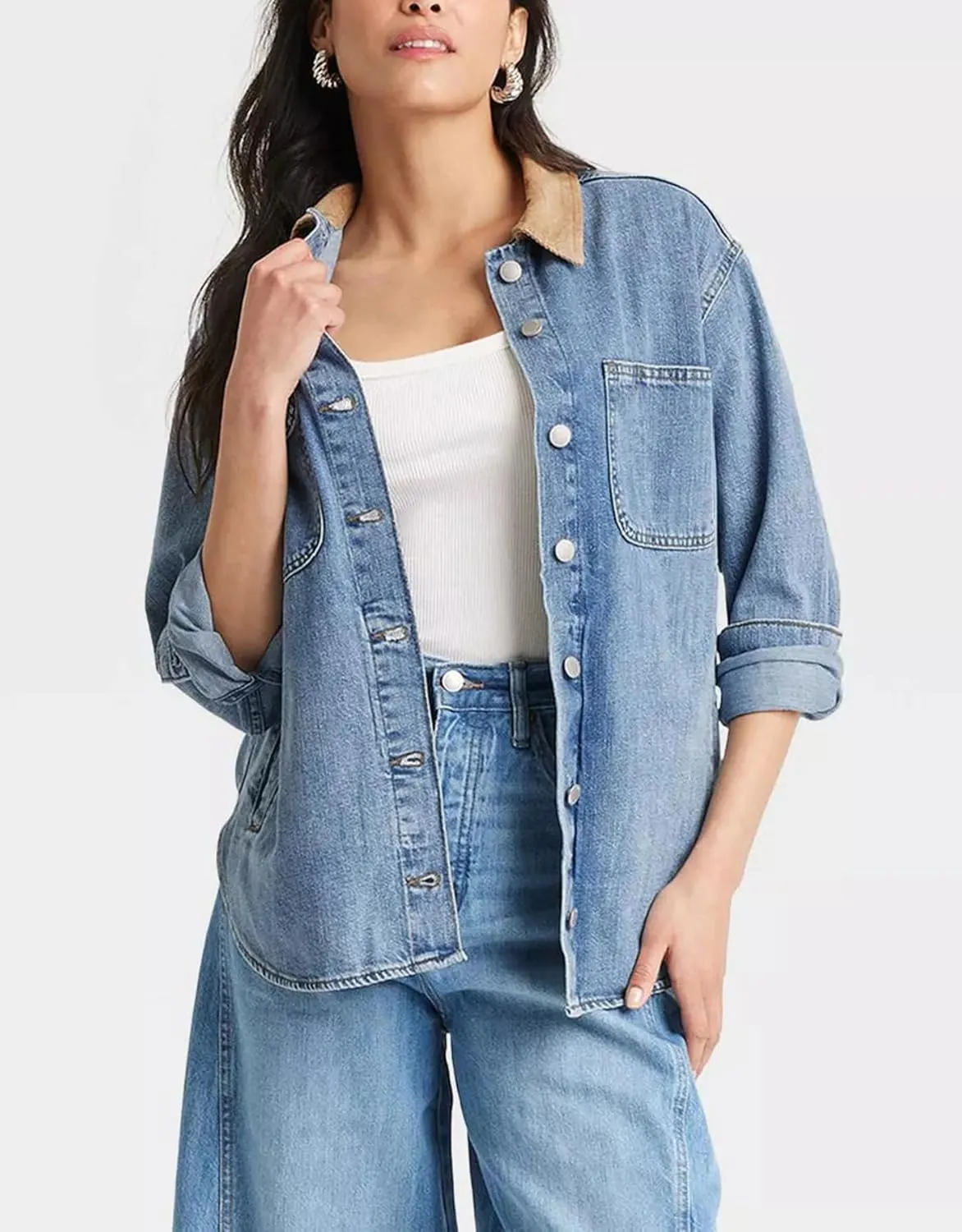 Kedera Women's Oversized Denim Jacket Long Sleeve Corduroy Collared Jean Shacket Button Down Barn Jacket with Pockets