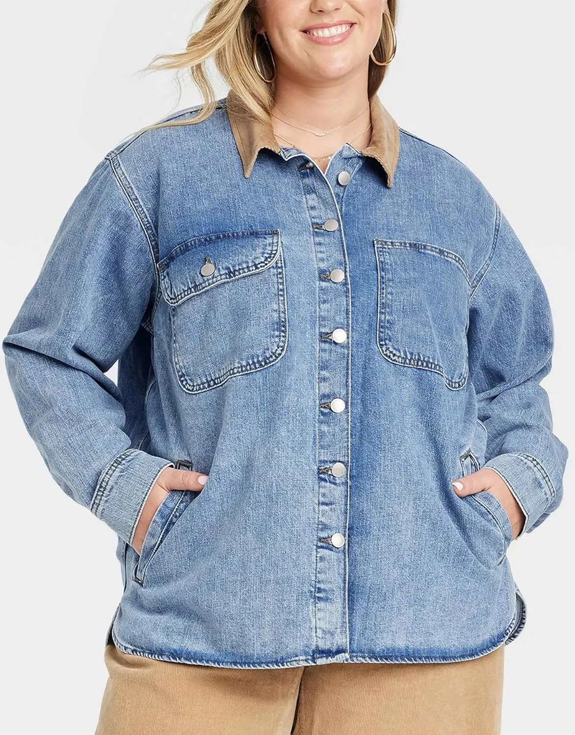 Kedera Women's Oversized Denim Jacket Long Sleeve Corduroy Collared Jean Shacket Button Down Barn Jacket with Pockets