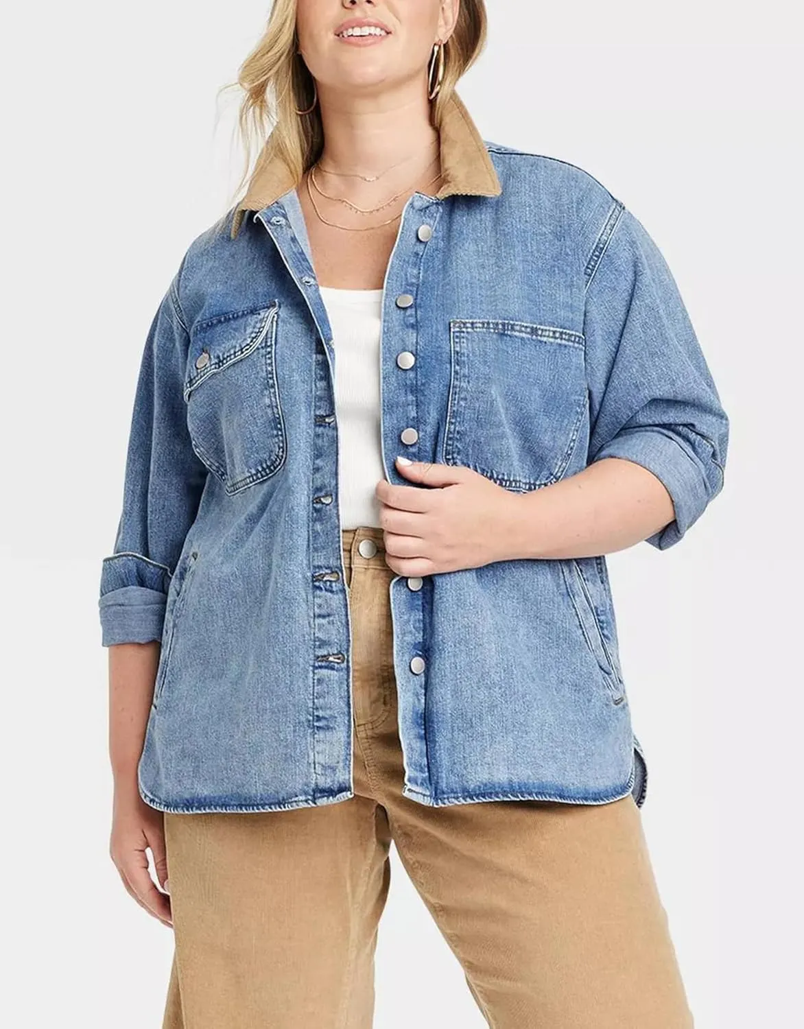 Kedera Women's Oversized Denim Jacket Long Sleeve Corduroy Collared Jean Shacket Button Down Barn Jacket with Pockets