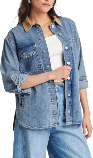 Kedera Women's Oversized Denim Jacket Long Sleeve Corduroy Collared Jean Shacket Button Down Barn Jacket with Pockets