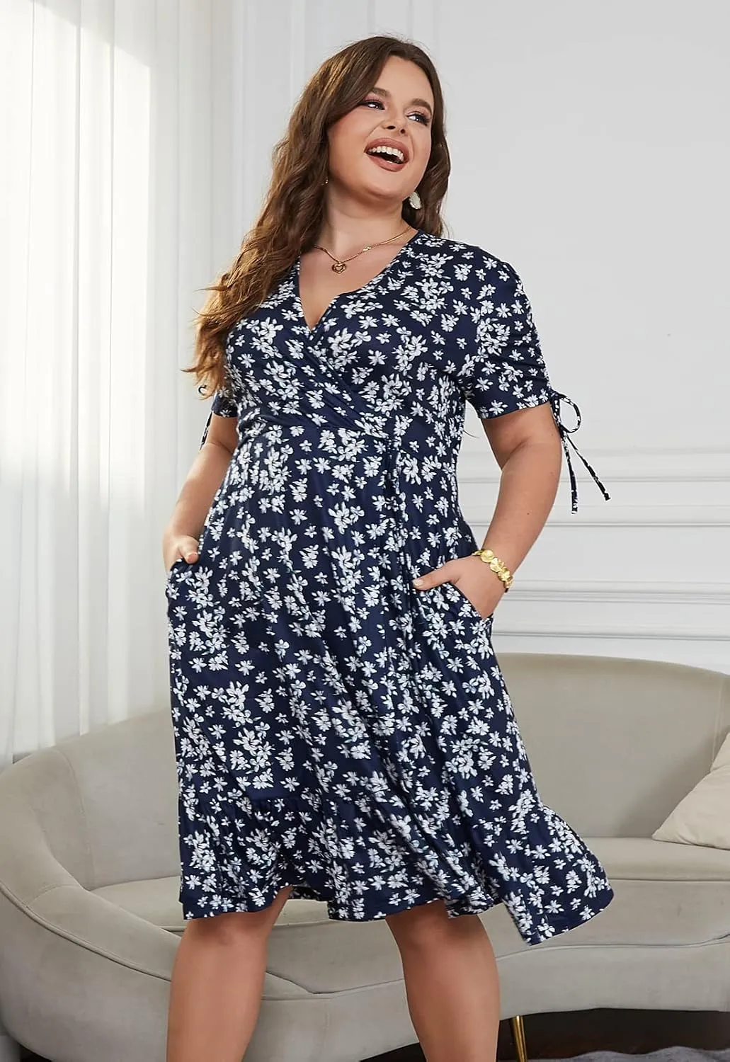 Keluummi Plus Size Summer Midi Dresses for Curvy Women, Casual Floral Dress with V-Neck, Empire Waist, and Pockets