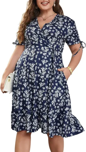 Keluummi Plus Size Summer Midi Dresses for Curvy Women, Casual Floral Dress with V-Neck, Empire Waist, and Pockets