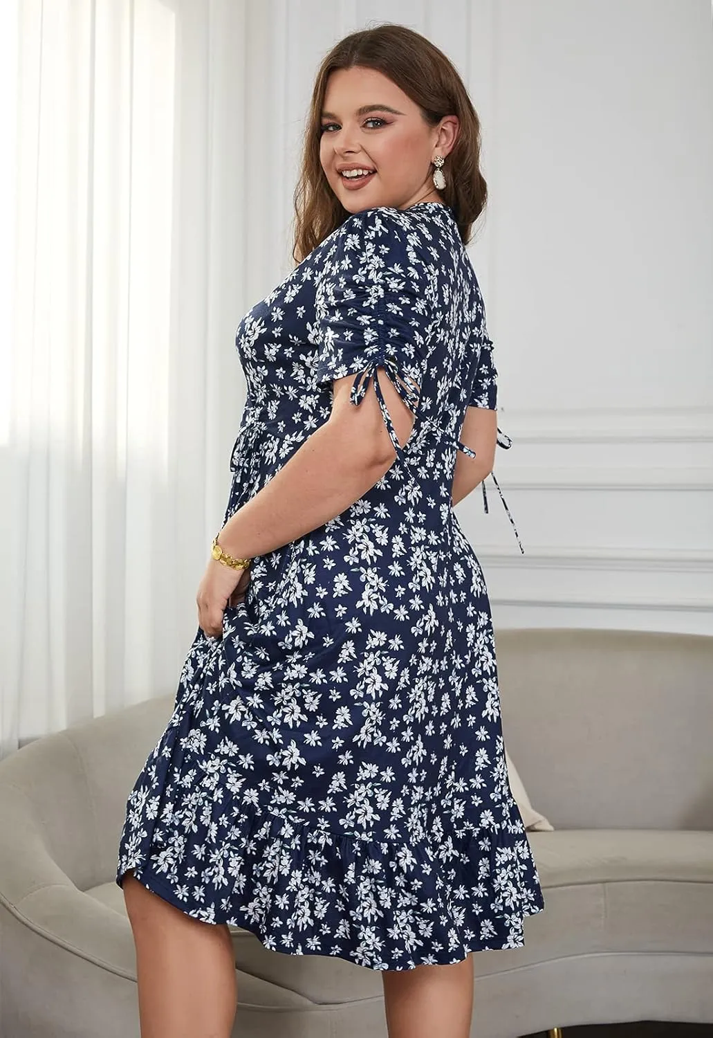 Keluummi Plus Size Summer Midi Dresses for Curvy Women, Casual Floral Dress with V-Neck, Empire Waist, and Pockets