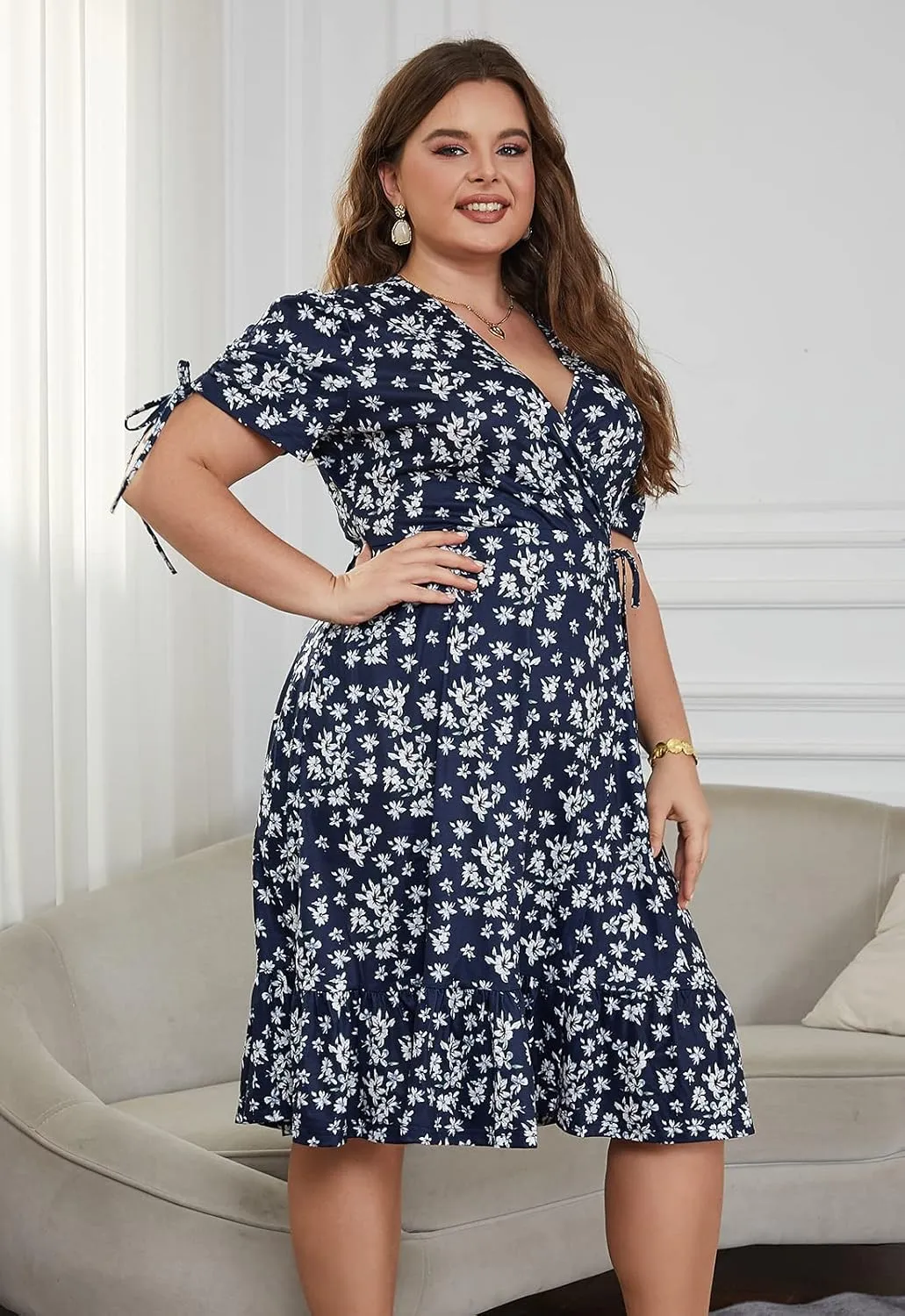Keluummi Plus Size Summer Midi Dresses for Curvy Women, Casual Floral Dress with V-Neck, Empire Waist, and Pockets