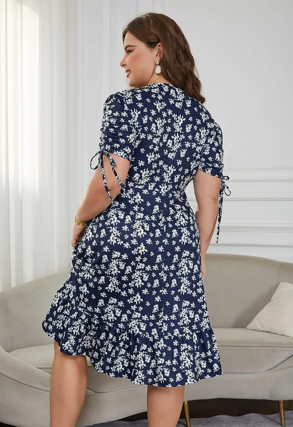 Keluummi Plus Size Summer Midi Dresses for Curvy Women, Casual Floral Dress with V-Neck, Empire Waist, and Pockets
