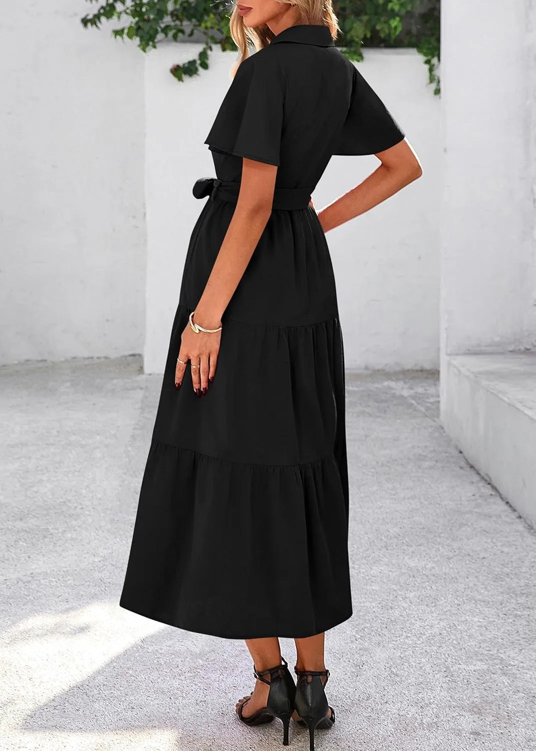KIRUNDO Summer Button Down Wedding Guest Shirt Dresses for Women Maxi Flutter Short Sleeve Flowy Tiered Beach Sun Dress