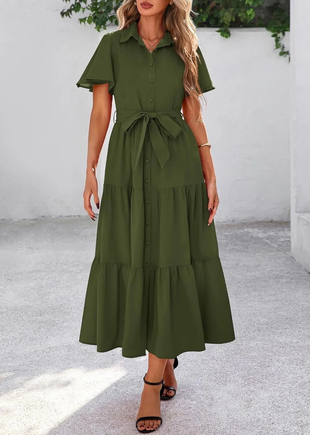 KIRUNDO Summer Button Down Wedding Guest Shirt Dresses for Women Maxi Flutter Short Sleeve Flowy Tiered Beach Sun Dress