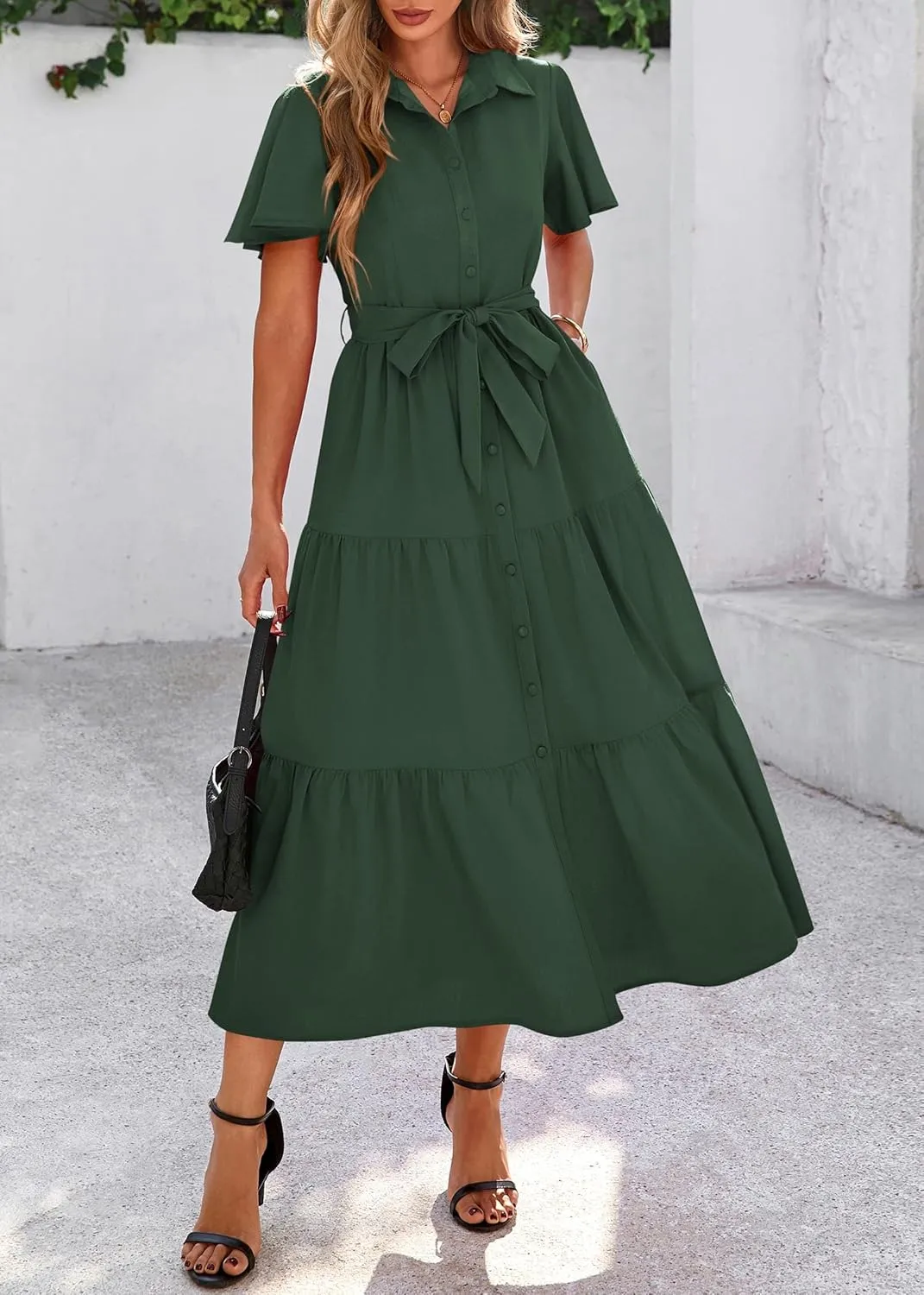 KIRUNDO Summer Button Down Wedding Guest Shirt Dresses for Women Maxi Flutter Short Sleeve Flowy Tiered Beach Sun Dress