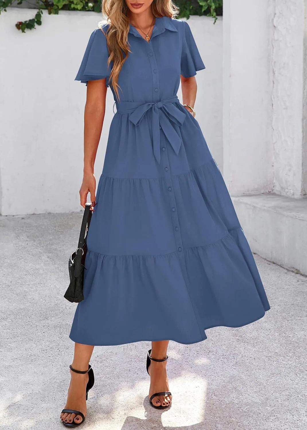 KIRUNDO Summer Button Down Wedding Guest Shirt Dresses for Women Maxi Flutter Short Sleeve Flowy Tiered Beach Sun Dress