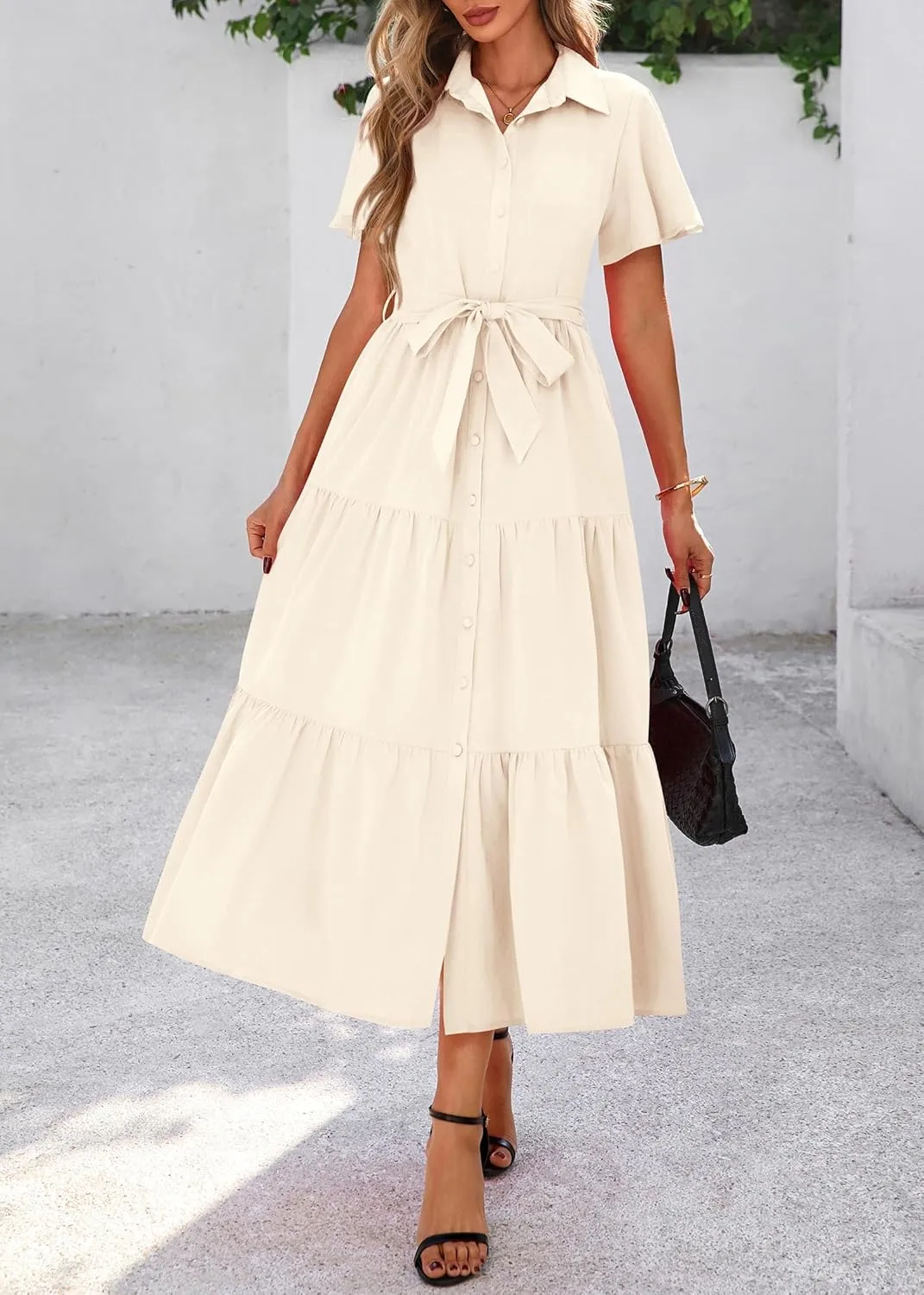 KIRUNDO Summer Button Down Wedding Guest Shirt Dresses for Women Maxi Flutter Short Sleeve Flowy Tiered Beach Sun Dress