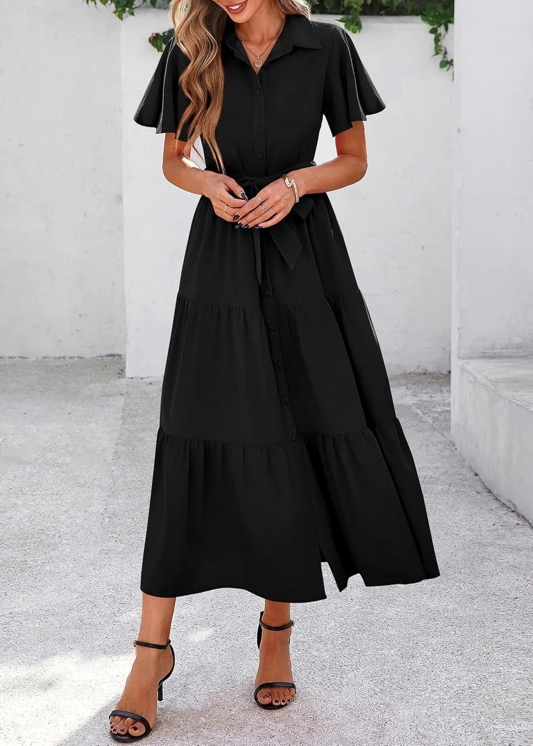 KIRUNDO Summer Button Down Wedding Guest Shirt Dresses for Women Maxi Flutter Short Sleeve Flowy Tiered Beach Sun Dress