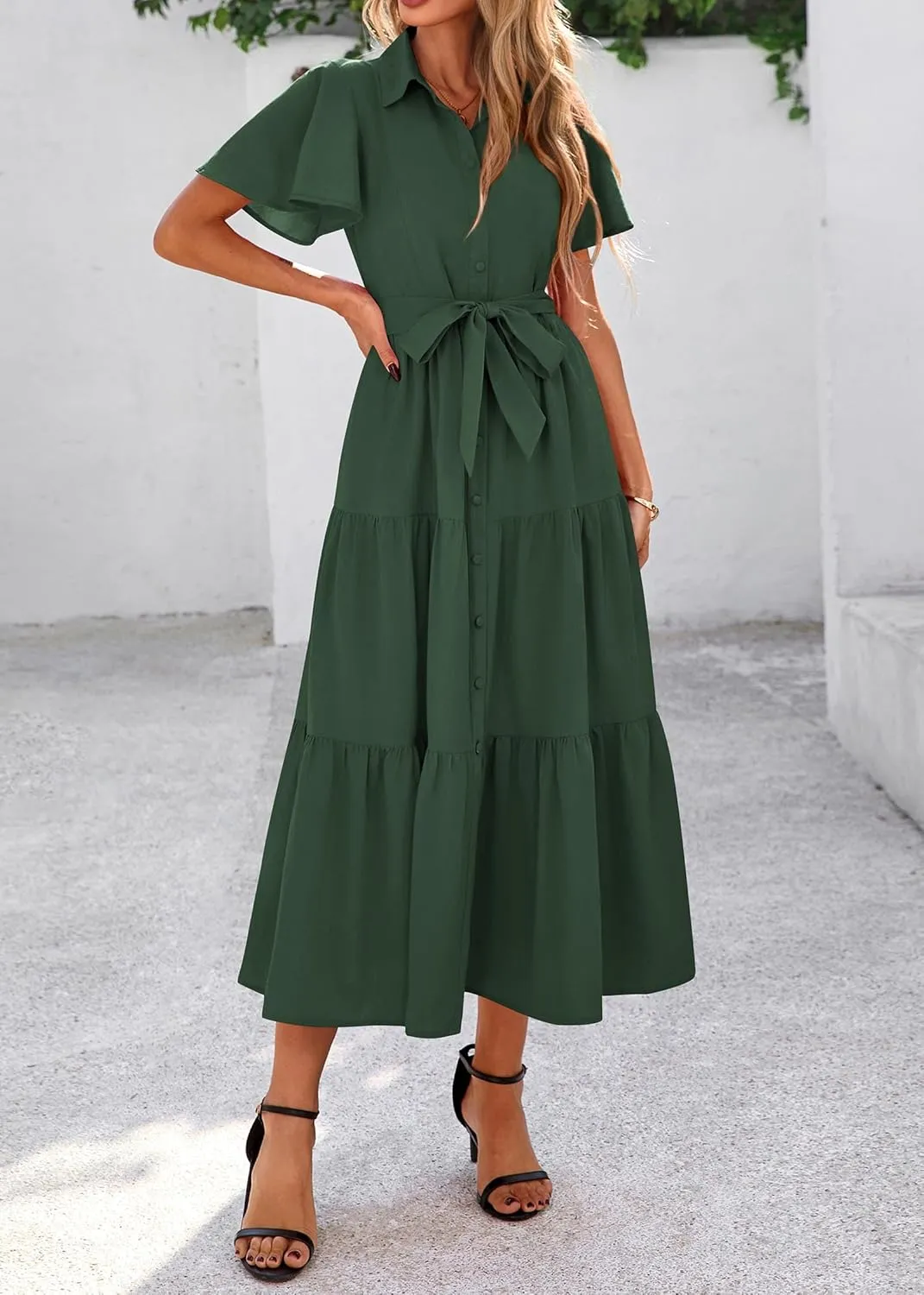 KIRUNDO Summer Button Down Wedding Guest Shirt Dresses for Women Maxi Flutter Short Sleeve Flowy Tiered Beach Sun Dress