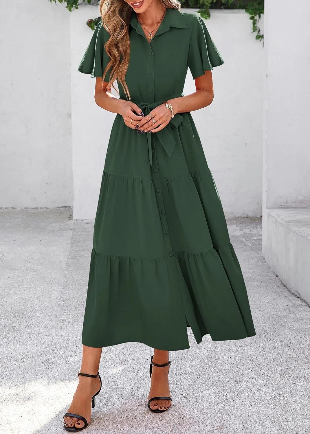 KIRUNDO Summer Button Down Wedding Guest Shirt Dresses for Women Maxi Flutter Short Sleeve Flowy Tiered Beach Sun Dress