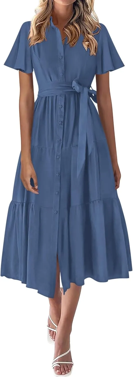 KIRUNDO Summer Button Down Wedding Guest Shirt Dresses for Women Maxi Flutter Short Sleeve Flowy Tiered Beach Sun Dress