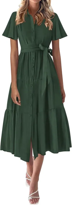 KIRUNDO Summer Button Down Wedding Guest Shirt Dresses for Women Maxi Flutter Short Sleeve Flowy Tiered Beach Sun Dress