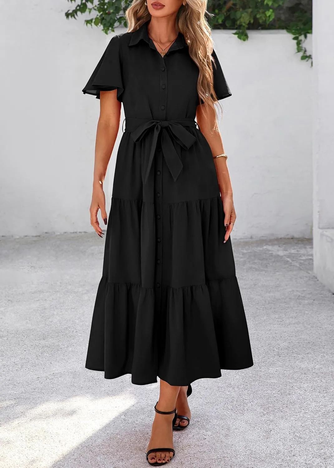 KIRUNDO Summer Button Down Wedding Guest Shirt Dresses for Women Maxi Flutter Short Sleeve Flowy Tiered Beach Sun Dress