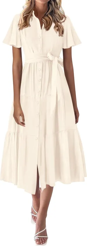 KIRUNDO Summer Button Down Wedding Guest Shirt Dresses for Women Maxi Flutter Short Sleeve Flowy Tiered Beach Sun Dress