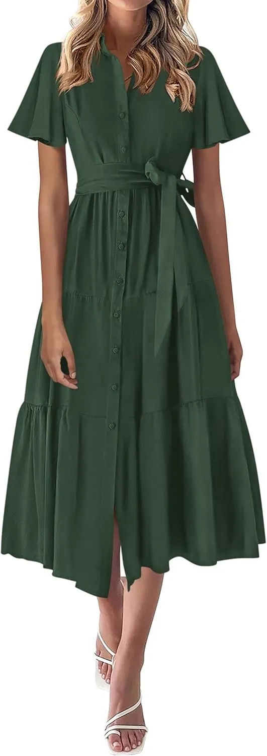 KIRUNDO Summer Button Down Wedding Guest Shirt Dresses for Women Maxi Flutter Short Sleeve Flowy Tiered Beach Sun Dress